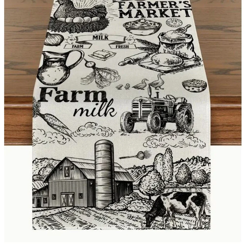 Table Runner 13x90in Country Farm Milk Cows Chickens off white and black